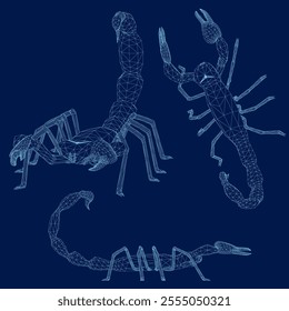 Set Graphic wireframe scorpion isolated on blue background, vector illustration. 3D