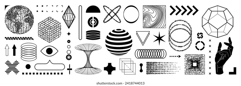 Set of graphic y2k aesthetic shape. Wireframe model, bitmap elements, bold modern geometric. Isolated vector illustration for sticker, poster, collage.