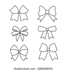 Set of graphical decorative bows. Outline ribbons isolated on a white background