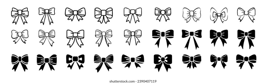 Set of graphical decorative bows. Ribbon bow gift black silhouette icon vector set