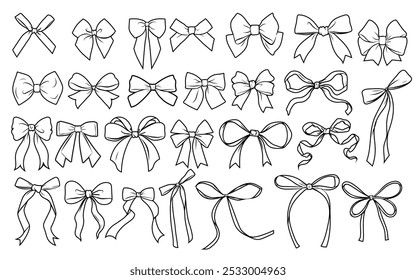 Set of graphical decorative bows. Vector Line.