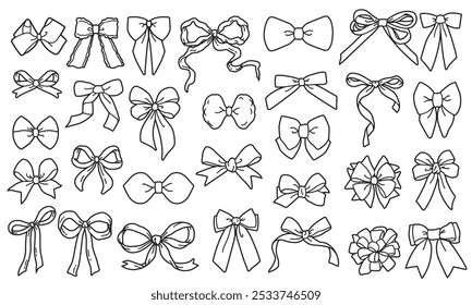 Set of graphical decorative bows. Vector Line.