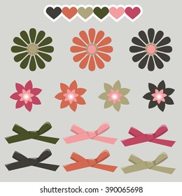Set of graphical decorative ribbon bows. Bow hearts and simple flowers. Vector decoration graphic isolated simple elements.