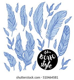 Set graphical feathers boho style. Hand drawing. Illustration for greeting cards, invitations, and other printing projects.