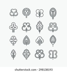 Set of graphical line trees and leaves, design collection of nature signs, logos and symbols
