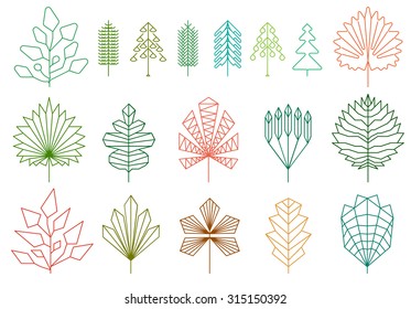 Set of graphical line trees and leaves, signs, logos and symbols.