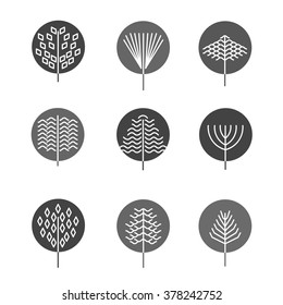 Set of graphical line trees and leaves, signs, logos and symbols.