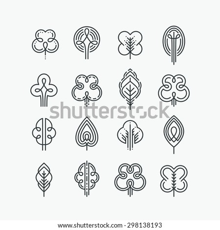 Set of graphical line trees and leaves, design collection of nature signs, logos and symbols