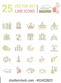 A set of graphical linear and flat icons with symbols of Madrid. Colletia infographics and silhouettes of culture of Spain for map design, web sites, mobile applications.