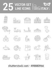 A set of graphical linear and flat icons with symbols of Italy. Colletia infographics and silhouettes of culture of Spain for map design, web sites, mobile app.