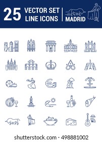 A set of graphical linear and flat icons with symbols of Madrid. Colletia infographics and silhouettes of culture of Spain for map design, web sites, mobile applications.