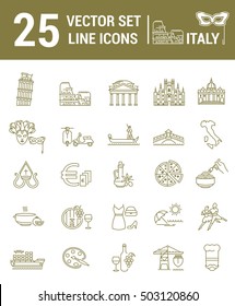 A set of graphical linear and flat icons with symbols of Italy. Colletia infographics and silhouettes of culture of Spain for map design, web sites, mobile app.