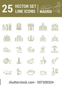 A set of graphical linear and flat icons with symbols of Madrid. Colletia infographics and silhouettes of culture of Spain for map design, web sites, mobile applications.