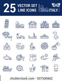 A set of graphical linear and flat icons with symbols of Italy. Colletia infographics and silhouettes of culture of Spain for map design, web sites, mobile app.