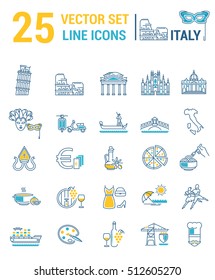 A set of graphical linear and flat icons with symbols of Italy. Colletia infographics and silhouettes of culture of Spain for map design, web sites, mobile app.