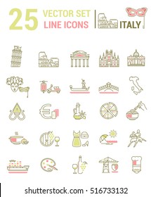A set of graphical linear and flat icons with symbols of Italy. Colletia infographics and silhouettes of culture of Spain for map design, web sites, mobile app.