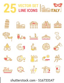 A set of graphical linear and flat icons with symbols of Italy. Colletia infographics and silhouettes of culture of Spain for map design, web sites, mobile app.