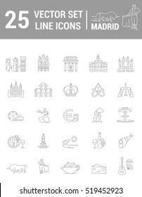 A set of graphical linear and flat icons with symbols of Madrid. Collection infographics and silhouettes of culture of Spain for map design, web sites, mobile applications.