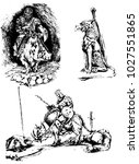 Set of graphical sketches of trolls riding on the wild boar and griffin ,medieval soldiers,vector illustrations for books