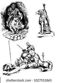 Set of graphical sketches of trolls riding on the wild boar and griffin ,medieval soldiers,vector illustrations for books