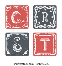 Set of graphical vector initials, hand drawn ornamental letters, isolated - Q, R, S, T. 