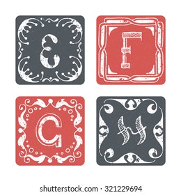 Set of graphical vector initials, hand drawn ornamental letters, isolated - E, F, G, H. 