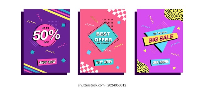 Set of graphics for flyers, poster, banners web | Discount, Sale, Black Friday, Clearance vector templates in 90's retro nostalgia style