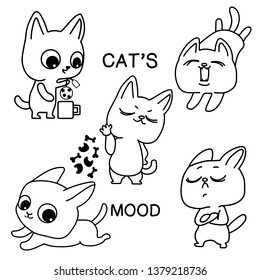 Set of graphics of funny cats isolated on white background. Line art kittens.

