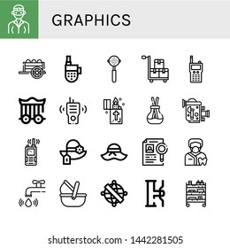 Set of graphics icons such as Dentist, Cart, Walkie talkie, Portafilter, Cage, Lighter, Scent, Old video camera, Pamela, Dossier, Water tap, Moses basket, Armillary sphere , graphics