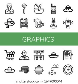 Set von Grafiksymbols. Dentist, Pamela, Portafilter, Warenkorb, Moses-Korb, alte Videokamera, Walkie-Talkie, Scent, Pamela-Hut, Beklagter, Bar-Schalter, Woodlouse , Grafiksymbole
