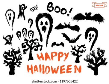 Set graphics and lettering for Halloween. Hand drawn brush calligraphy and design elements for greeting, invitation or poster.