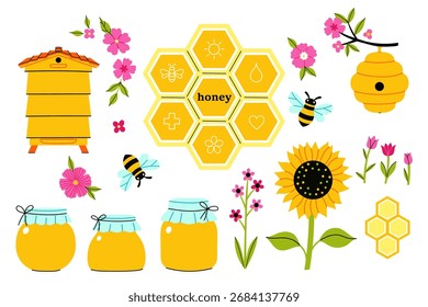 Um conjunto de gráficos sobre o tema do mel e abelhas. Gráficos vetoriais.