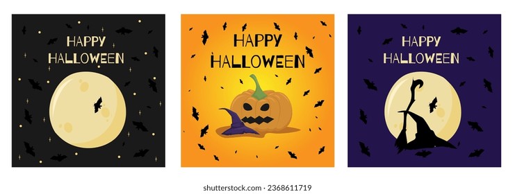 Set of graphics poster with Halloween theme.Cartoon style illustrations of cute pumpkin,moon, witch accessories and bat.