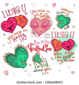 Set of graphics stickers, letterings and character for Happy Valentine day. Happy, sad, color bright cartoon hearts falling in love, make confessions: you make me hot in any weather, miss you