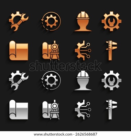 Set Graphing paper and compass, Wrench spanner gear, Calliper or caliper scale, Algorithm, for engineering, Worker safety helmet,  and Gear arrows workflow icon. Vector