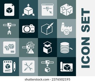Set Graphing Paper for engineering, Filament 3D Drucker, Druckhausindustrie, Einstellung, Fotokamera, Isometrische Würfel-Datei und 3D Stift-Symbol. Vektorgrafik