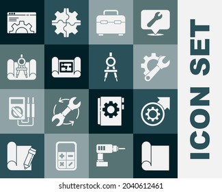 Set Graphing paper for engineering, Gear and arrows as workflow process, Wrench spanner gear, Toolbox, House plan, compass, Browser setting and Drawing icon. Vector