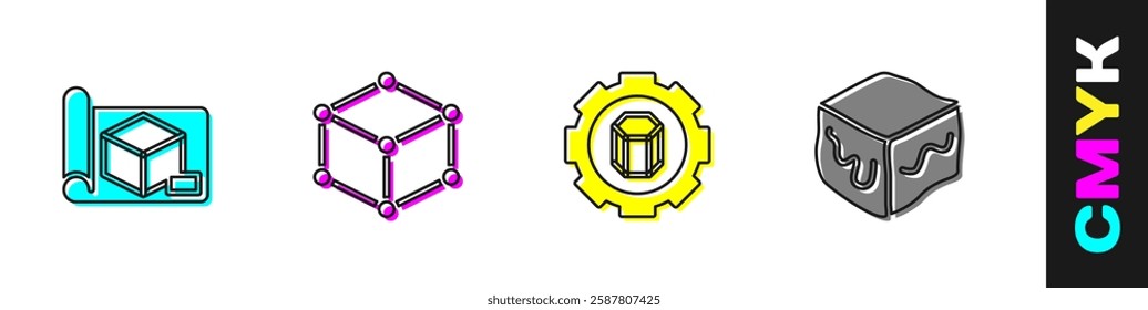 Set Graphing paper for engineering, Isometric cube, 3D printer setting and  icon. Vector