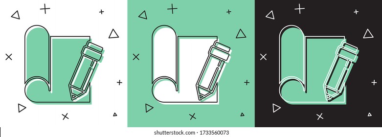 Establece el papel de gráfico para la ingeniería y el icono de lápiz aislados en fondo negro y blanco y verde.  Ilustración vectorial
