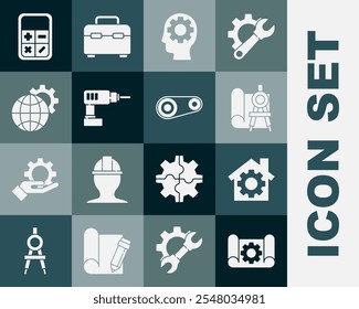 Set Grafische Papier und Ausrüstung, Haus mit, Kompass, Menschlicher Kopf innen, Elektrische Bohrmaschine, Erdglobus, Rechner und Zahnriemen-Kit-Symbol. Vektorgrafik