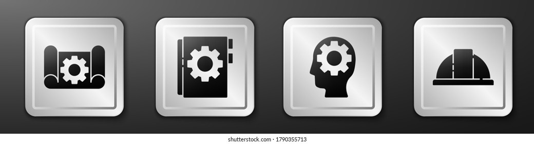 Set Graphing paper and gear, User manual, Human head with gear inside and Worker safety helmet icon. Silver square button. Vector