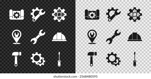 Set Graphing paper and gear, Wrench spanner, Processor, Hammer, Gear, Screwdriver, Location with wrench and  icon. Vector