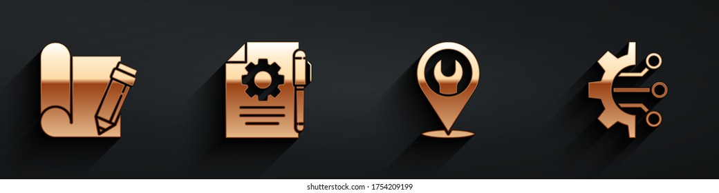 Set Graphing paper and pencil, Document settings and pen, Location with wrench spanner and Algorithm icon with long shadow. Vector