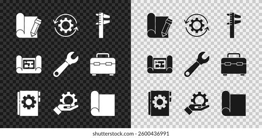 Set Graphing paper and pencil, Gear arrows as workflow, Calliper caliper scale, User manual, Settings the hand, for engineering, House plan and Wrench spanner icon. Vector - Powered by Shutterstock - Get 15% off with code: PIKWIZARD15