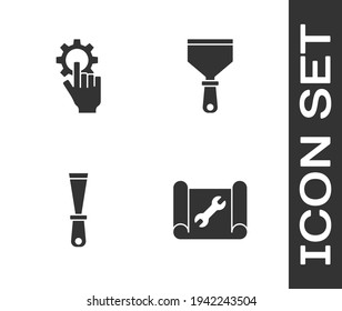 Set Graphing paper and wrench, Settings the hand, Putty knife and  icon. Vector