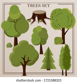 A set of graphite cartoon trees. Vector flat illustration with trees, spruce, thuja, bushes with berries, stump with mushrooms. Stylish retro image for working with street illustrations. Set of