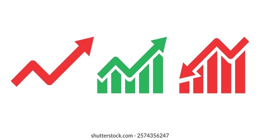 Set of graphs arrows development, decline of business, situation. Vector illustration icons isolated on white background.