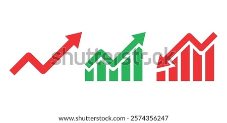 Set of graphs arrows development, decline of business, situation. Vector illustration icons isolated on white background.