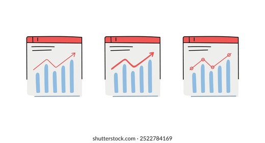 Conjunto de gráficos, conjunto de gráficos de barras. Gráfico subiendo con signo y conjunto de Vectores de flechas rojas. Ilustración vectorial