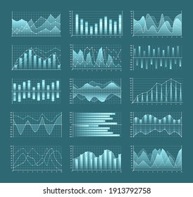 Set of graphs and charts. Infographic icons including clustered column, stacked, bar, line, marked, area. Business data market.